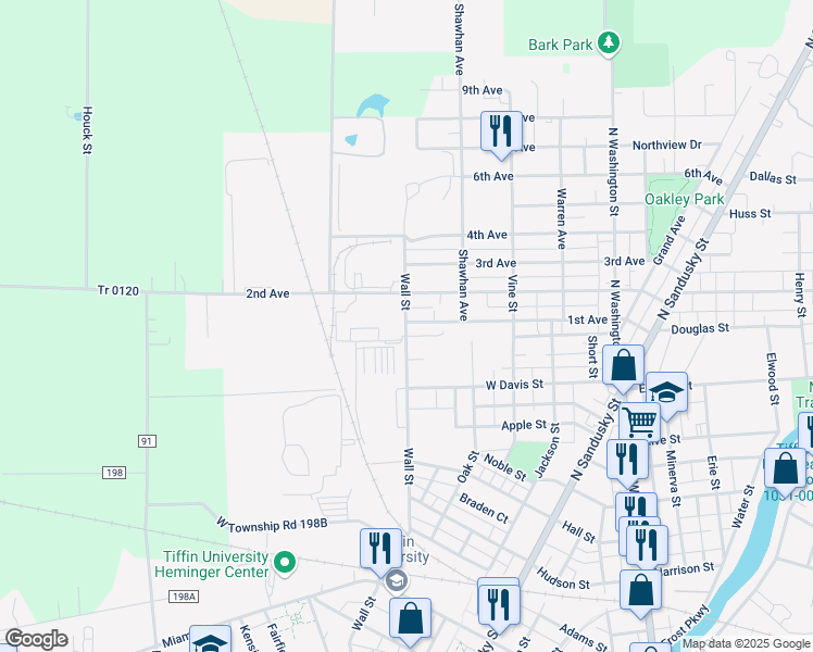 map of restaurants, bars, coffee shops, grocery stores, and more near 450 Wall Street in Tiffin