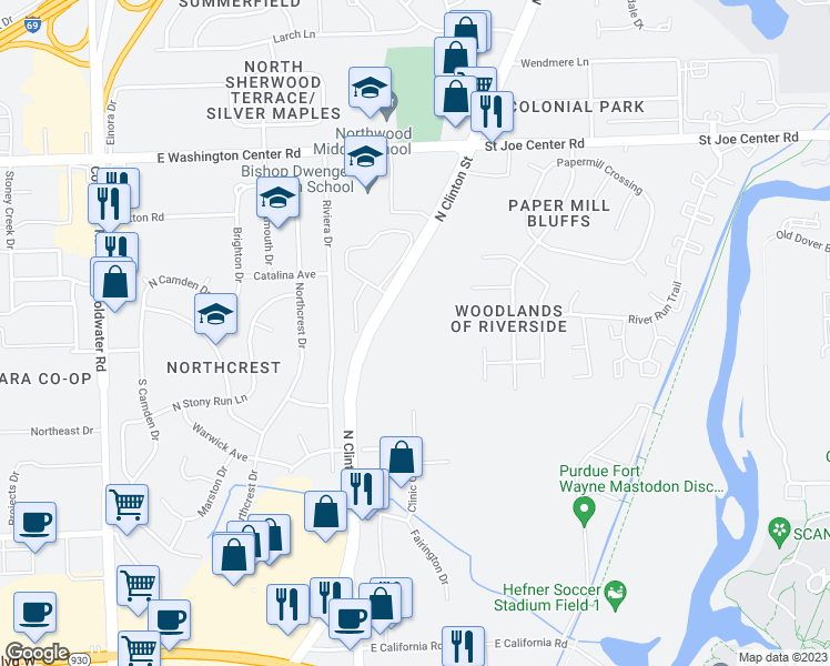 map of restaurants, bars, coffee shops, grocery stores, and more near 5322 North Clinton Street in Fort Wayne