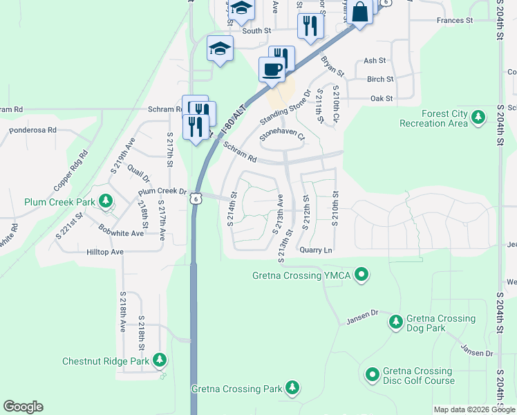 map of restaurants, bars, coffee shops, grocery stores, and more near 21326 Cobblestone Circle in Gretna
