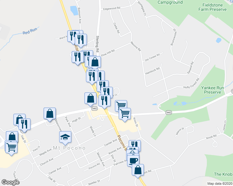 map of restaurants, bars, coffee shops, grocery stores, and more near 104 Nittany Court in Mount Pocono
