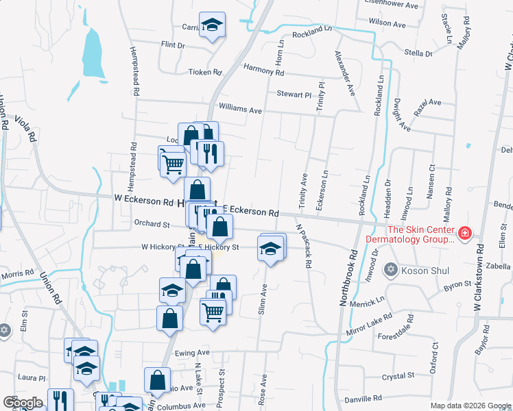 map of restaurants, bars, coffee shops, grocery stores, and more near 26 Oak Street in Spring Valley