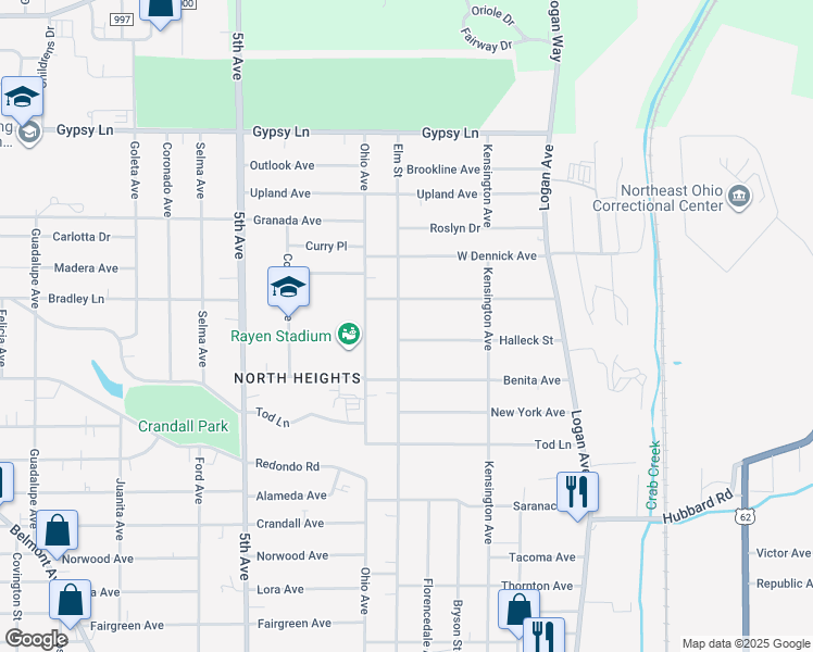 map of restaurants, bars, coffee shops, grocery stores, and more near 167 Lauderdale Avenue in Youngstown