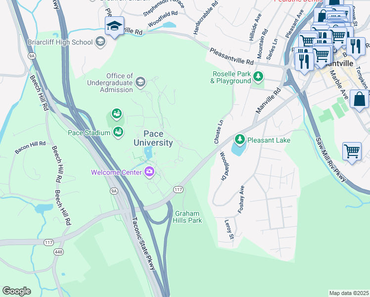 map of restaurants, bars, coffee shops, grocery stores, and more near North Hall in Pleasantville