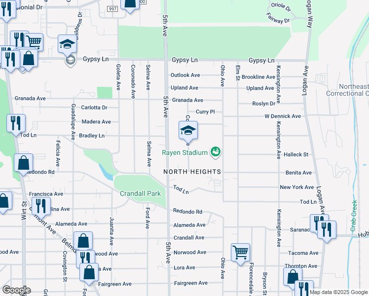 map of restaurants, bars, coffee shops, grocery stores, and more near 1904 Cordova Avenue in Youngstown