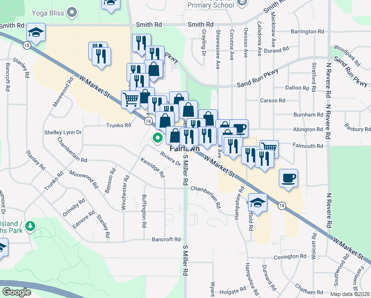 map of restaurants, bars, coffee shops, grocery stores, and more near in Akron