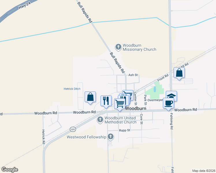 map of restaurants, bars, coffee shops, grocery stores, and more near 22107 Maple Ct in Woodburn