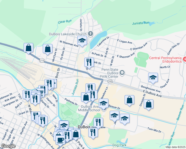 map of restaurants, bars, coffee shops, grocery stores, and more near 101 East DuBois Avenue in DuBois