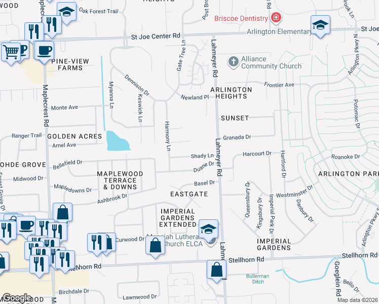 map of restaurants, bars, coffee shops, grocery stores, and more near 7214 Sandyridge Place in Fort Wayne