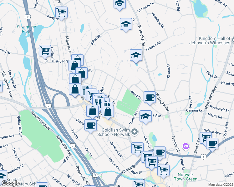 map of restaurants, bars, coffee shops, grocery stores, and more near 38 Center Avenue in Norwalk