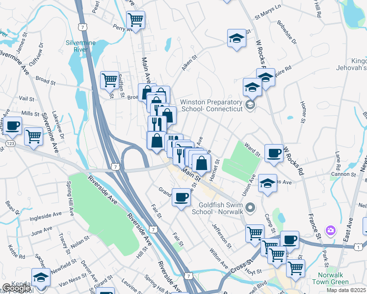 map of restaurants, bars, coffee shops, grocery stores, and more near 20 Hudson Street in Norwalk
