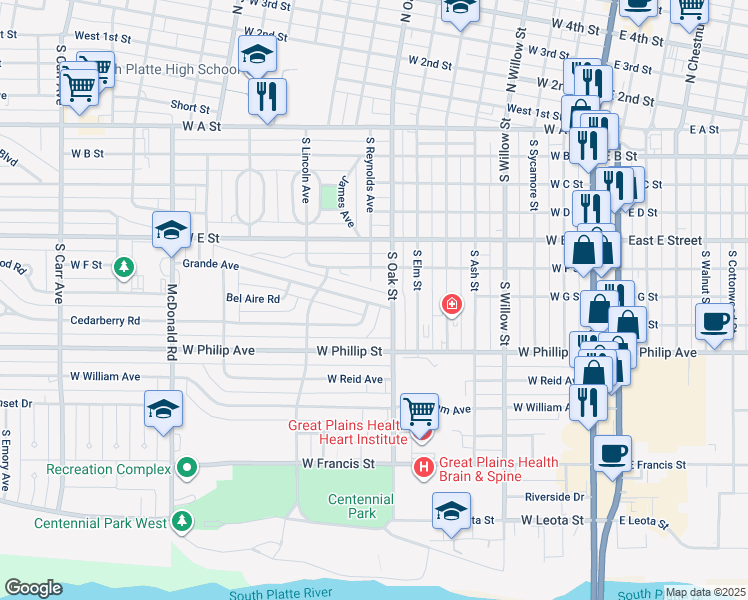 map of restaurants, bars, coffee shops, grocery stores, and more near 814 West F Street in North Platte