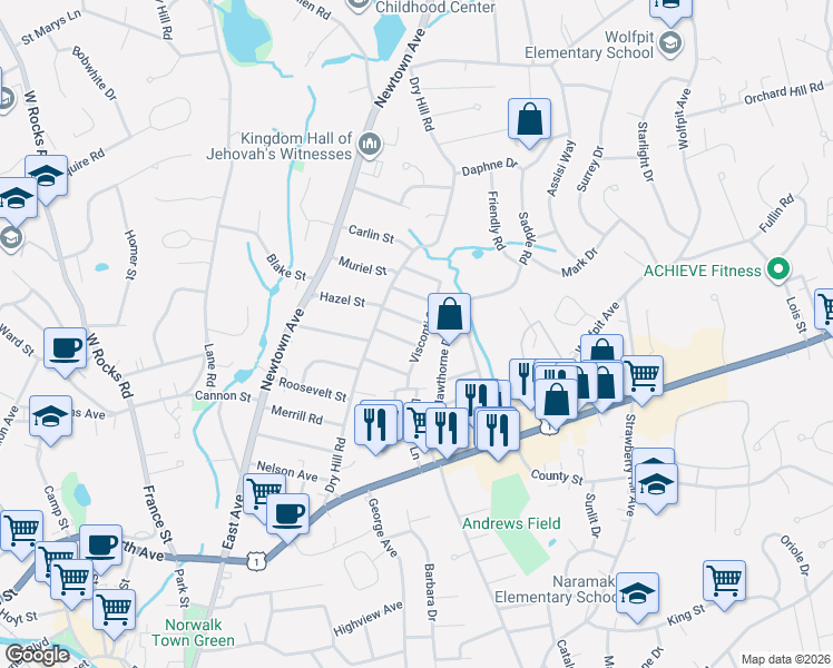 map of restaurants, bars, coffee shops, grocery stores, and more near 7 Harvard Street in Norwalk