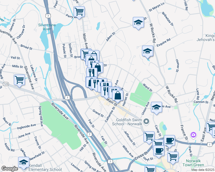 map of restaurants, bars, coffee shops, grocery stores, and more near 20 Hudson Street in Norwalk