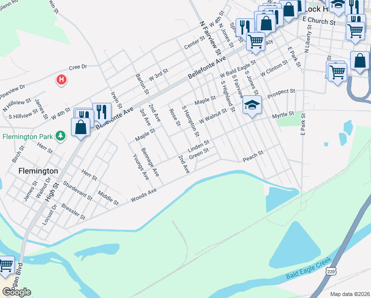 map of restaurants, bars, coffee shops, grocery stores, and more near 308 1st Avenue in Lock Haven