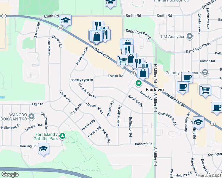 map of restaurants, bars, coffee shops, grocery stores, and more near 75 Kenridge Road in Fairlawn