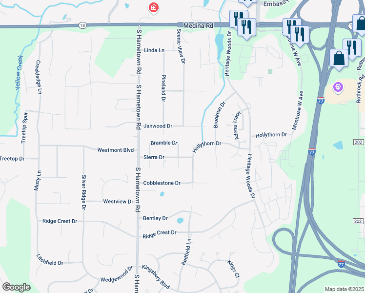 map of restaurants, bars, coffee shops, grocery stores, and more near 4297 Bramble Drive in Akron