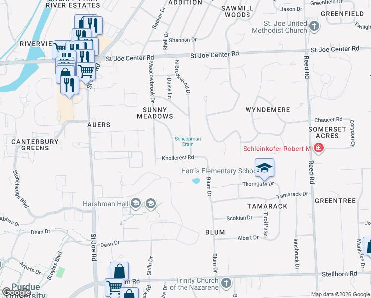 map of restaurants, bars, coffee shops, grocery stores, and more near 5339 N Brookwood Dr in Fort Wayne