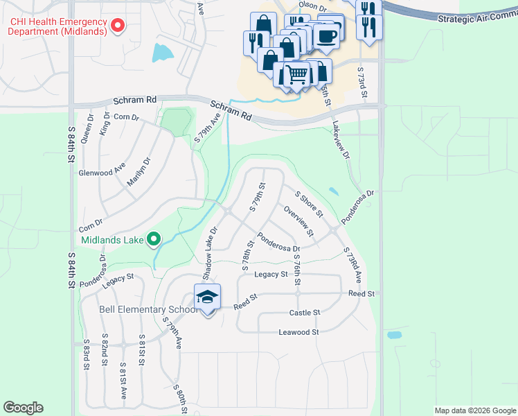 map of restaurants, bars, coffee shops, grocery stores, and more near 12098 South 79th Street in Papillion