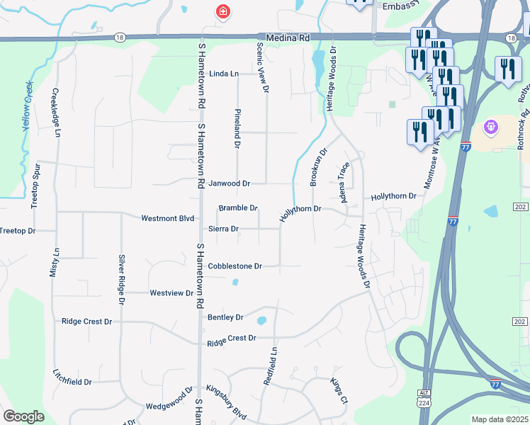 map of restaurants, bars, coffee shops, grocery stores, and more near 4297 Bramble Drive in Akron