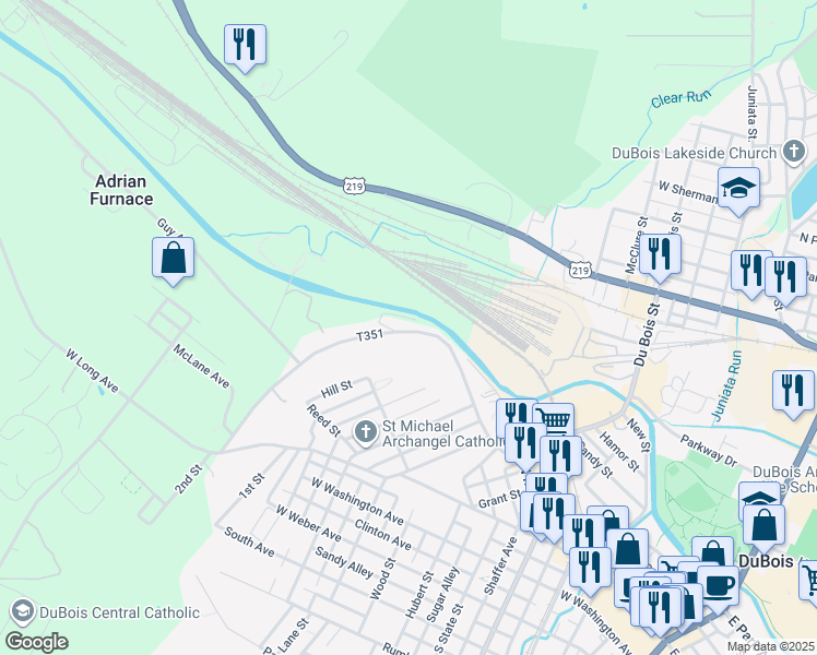 map of restaurants, bars, coffee shops, grocery stores, and more near 312 Quarry Avenue in DuBois