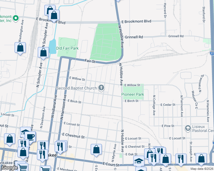 map of restaurants, bars, coffee shops, grocery stores, and more near 924 East Willow Street in Kankakee