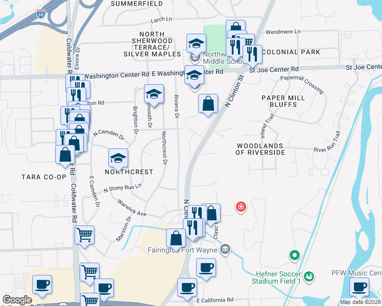 map of restaurants, bars, coffee shops, grocery stores, and more near 5345 North Clinton Street in Fort Wayne