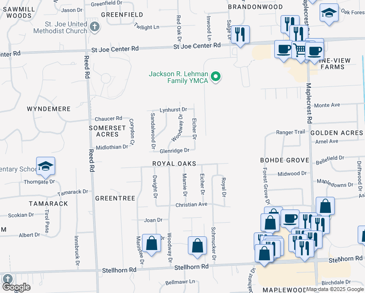 map of restaurants, bars, coffee shops, grocery stores, and more near 5403 Glenridge Drive in Fort Wayne