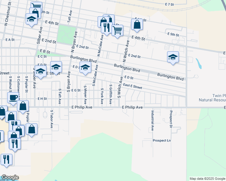 map of restaurants, bars, coffee shops, grocery stores, and more near 601 South Griffith Avenue in North Platte