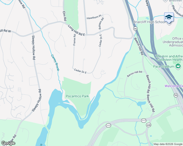 map of restaurants, bars, coffee shops, grocery stores, and more near 131 Cedar Drive East in Briarcliff Manor