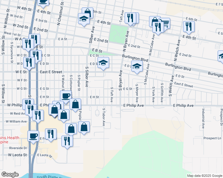 map of restaurants, bars, coffee shops, grocery stores, and more near 615-699 South Taft Avenue in North Platte