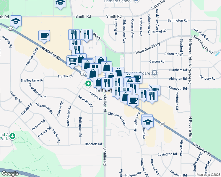 map of restaurants, bars, coffee shops, grocery stores, and more near 1 North Miller Road in Fairlawn