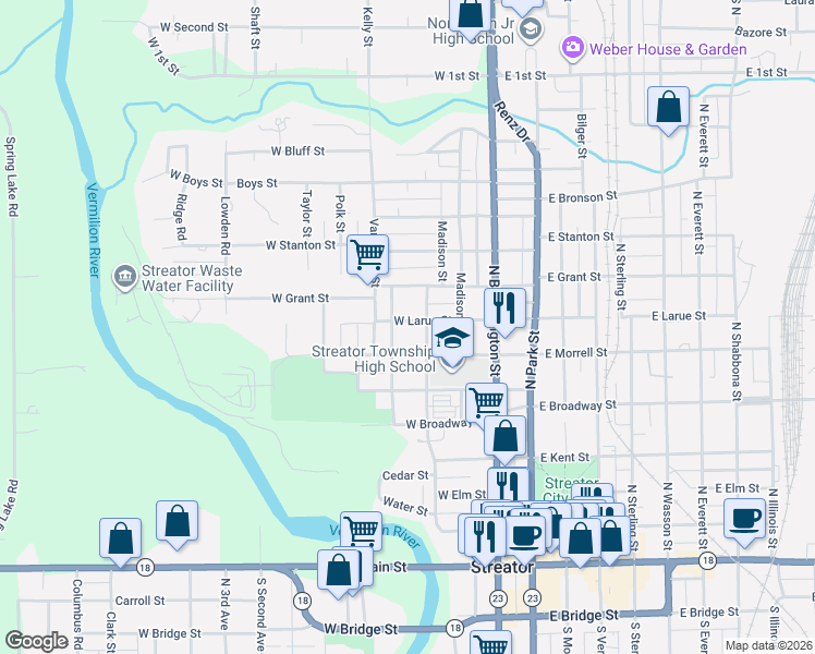 map of restaurants, bars, coffee shops, grocery stores, and more near 306 West Larue Street in Streator