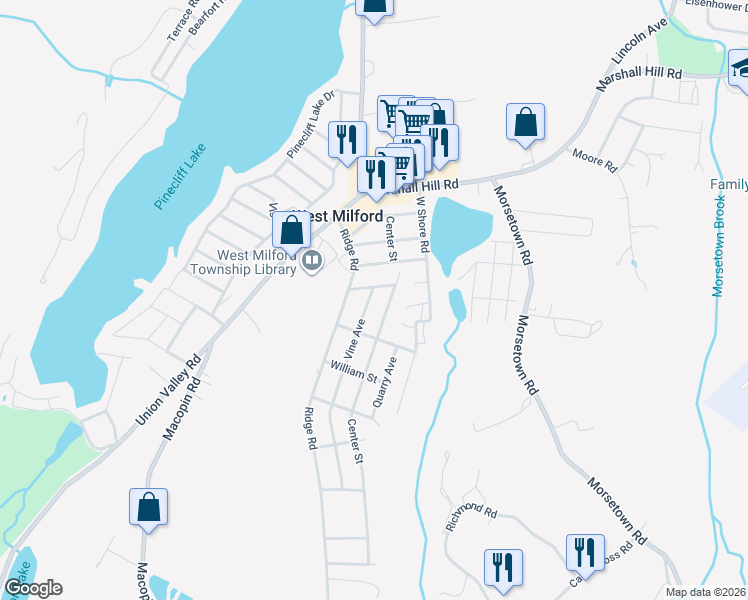 map of restaurants, bars, coffee shops, grocery stores, and more near 3 Vine Avenue in West Milford