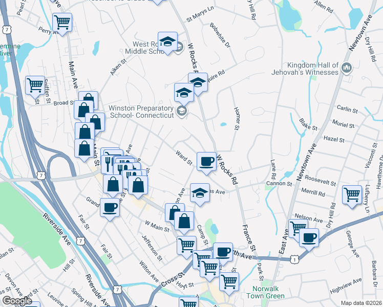 map of restaurants, bars, coffee shops, grocery stores, and more near 1 Rainbow Road in Norwalk
