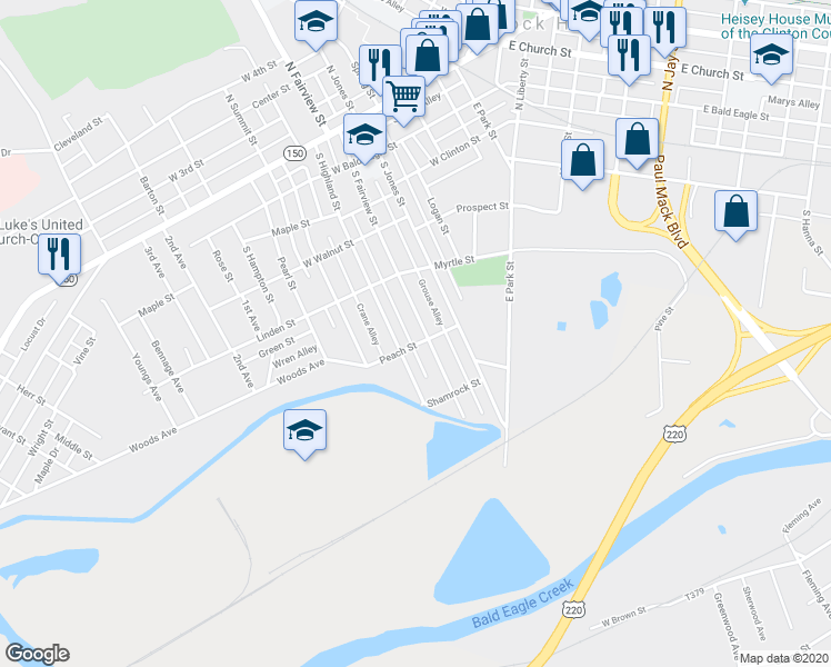 map of restaurants, bars, coffee shops, grocery stores, and more near 447 South Fairview Street in Lock Haven