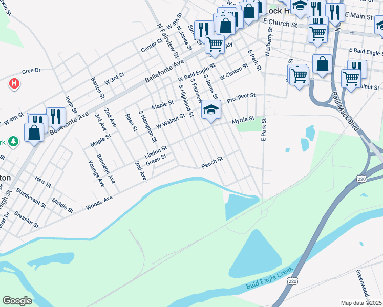 map of restaurants, bars, coffee shops, grocery stores, and more near 405 South Summit Street in Lock Haven