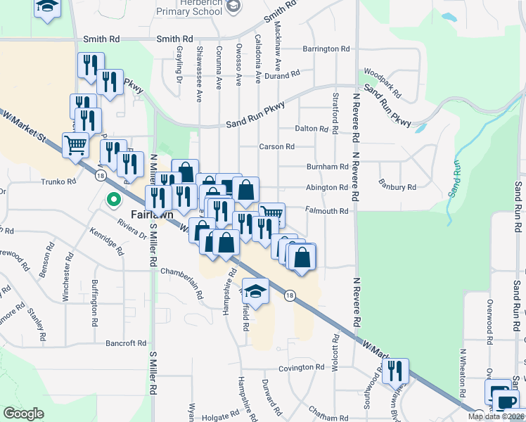 map of restaurants, bars, coffee shops, grocery stores, and more near 2587 Falmouth Road in Fairlawn
