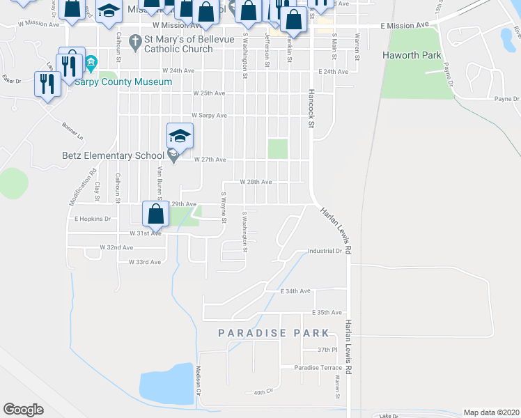map of restaurants, bars, coffee shops, grocery stores, and more near 2809 Jefferson Street in Bellevue
