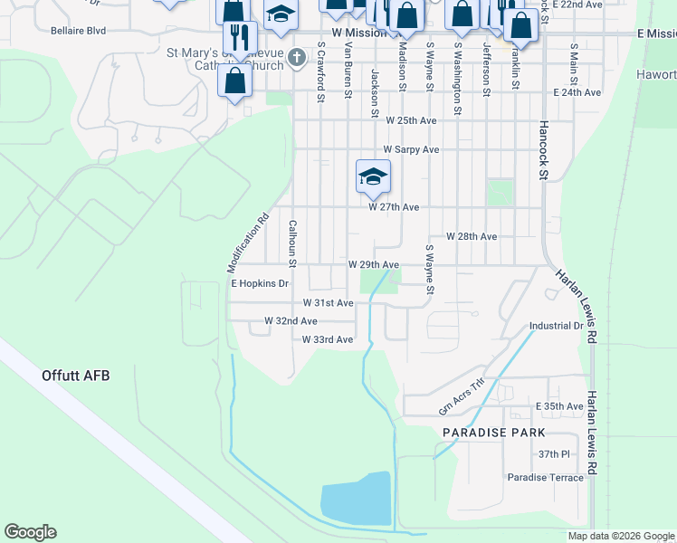map of restaurants, bars, coffee shops, grocery stores, and more near 2811 South Crawford Street in Bellevue