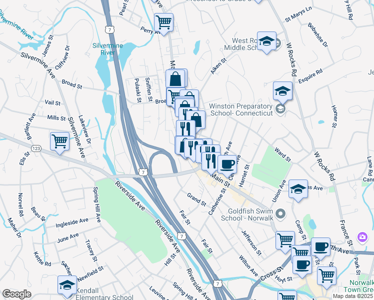 map of restaurants, bars, coffee shops, grocery stores, and more near 5 Van Tassell Court in Norwalk