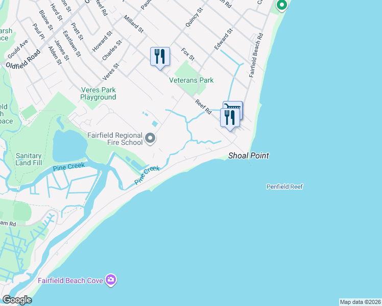 map of restaurants, bars, coffee shops, grocery stores, and more near 1008 Fairfield Beach Road in Fairfield