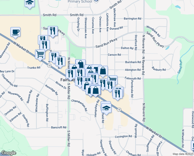 map of restaurants, bars, coffee shops, grocery stores, and more near 2801 West Market Street in Fairlawn