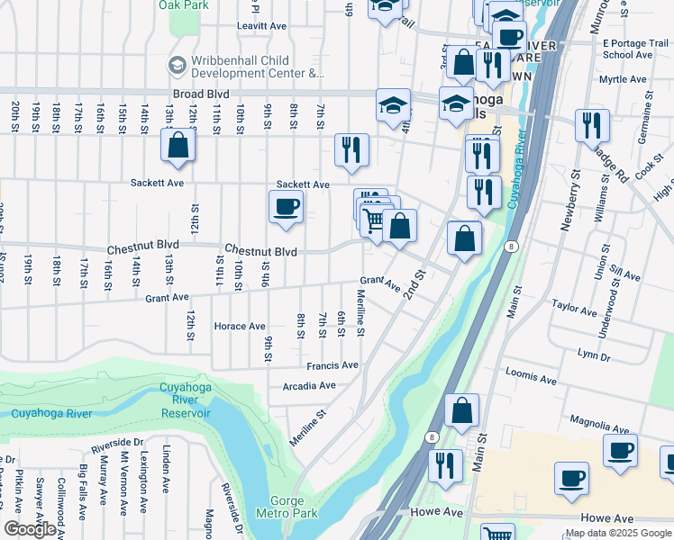 map of restaurants, bars, coffee shops, grocery stores, and more near 616 Chestnut Boulevard in Cuyahoga Falls
