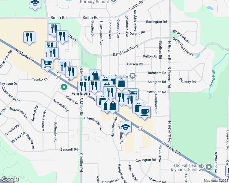map of restaurants, bars, coffee shops, grocery stores, and more near 2801 West Market Street in Fairlawn