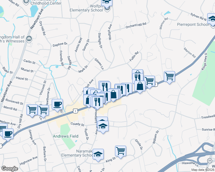 map of restaurants, bars, coffee shops, grocery stores, and more near 12 Willard Road in Norwalk