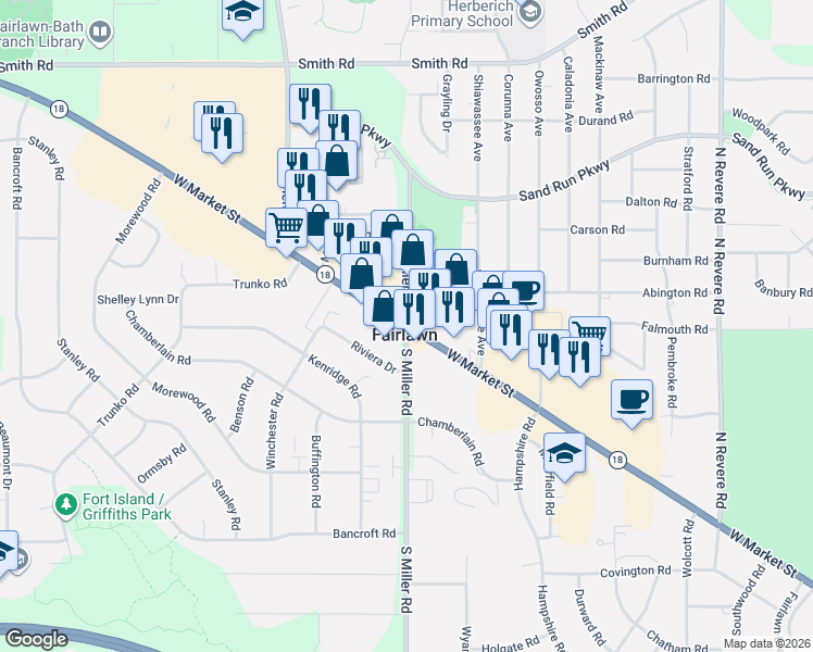 map of restaurants, bars, coffee shops, grocery stores, and more near in Fairlawn