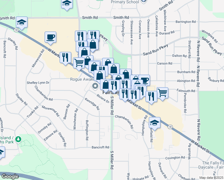 map of restaurants, bars, coffee shops, grocery stores, and more near 1 North Miller Road in Fairlawn