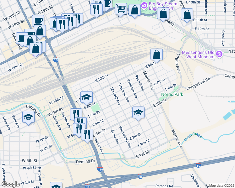 map of restaurants, bars, coffee shops, grocery stores, and more near 606 East 8th Street in Cheyenne
