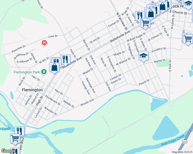 map of restaurants, bars, coffee shops, grocery stores, and more near 222 3rd Avenue in Lock Haven