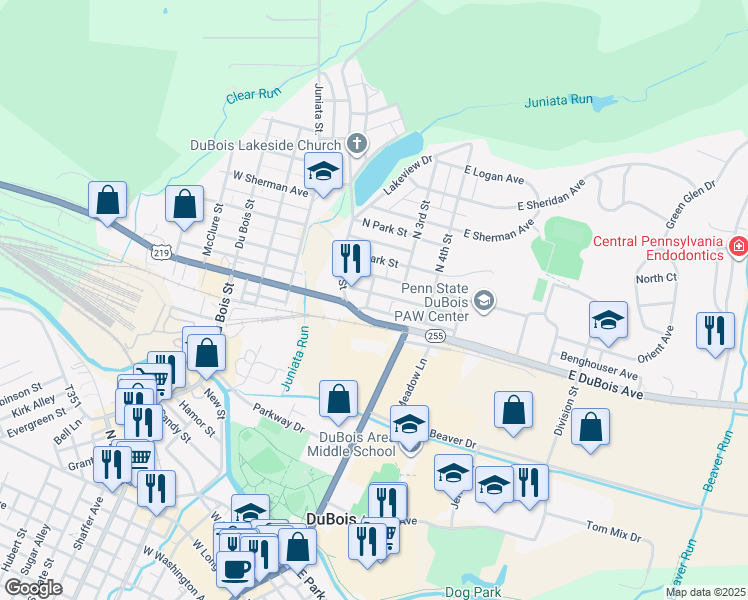 map of restaurants, bars, coffee shops, grocery stores, and more near 108 East 2nd Avenue in DuBois
